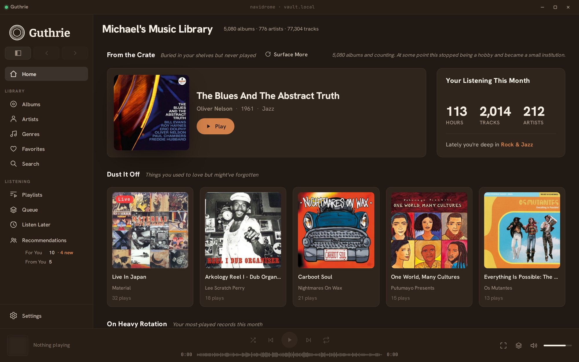Guthrie's Home page, showing a monthly listening summary and shelves of albums from the collection