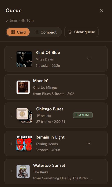 The queue: two albums, two single tracks, and a playlist, each as its own card